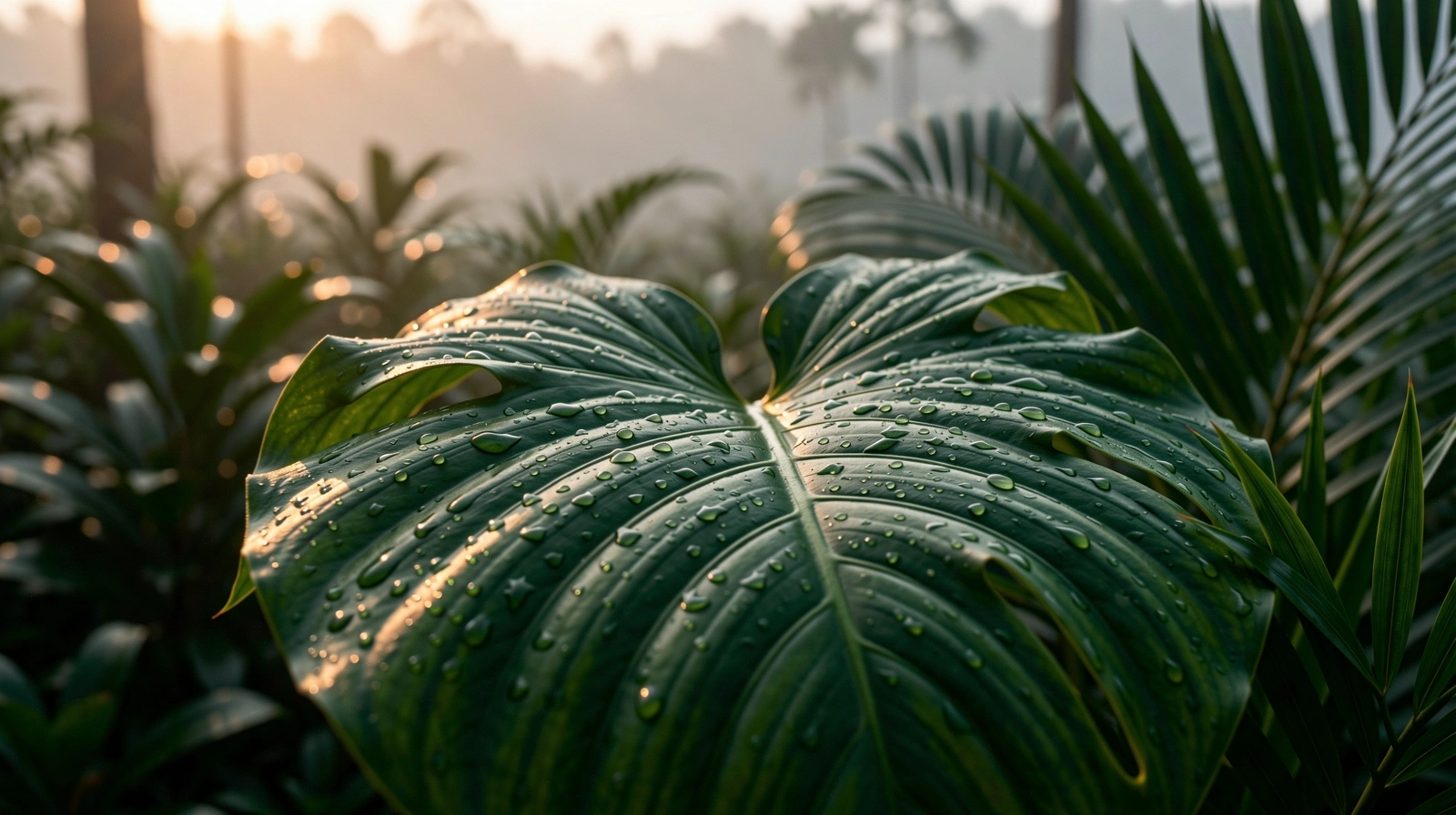 Dew-covered tropical flora in morning light