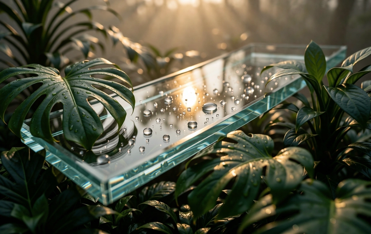 Vibrant tropical foliage in morning dew